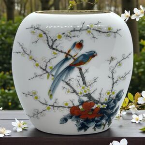 Vtg 1960s JAY Fine China Exotic Birds & Cherry Blossom Oval Porcelain Vase–Japan